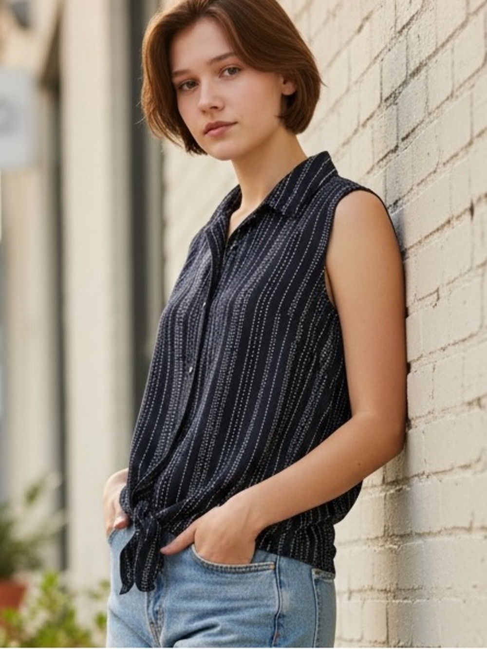 Adrianna Papell Navy and White Striped Blouse